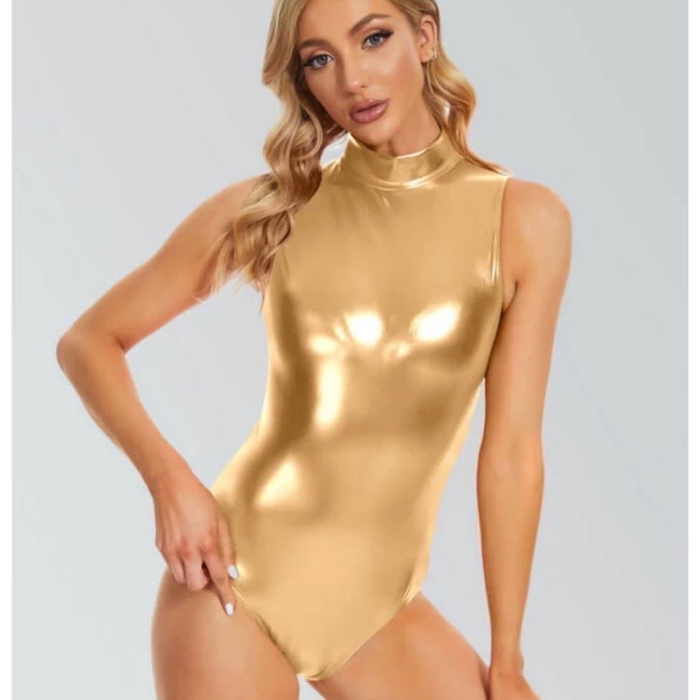 Peerise Womens Shiny Metallic Sleveless Mock Turtleneck Leotard size XXL NWOT